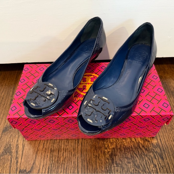 Tory Burch Shoes - Like NEW Tory Burch Kitty Wedge Navy Patent Leather Peep-Toe
